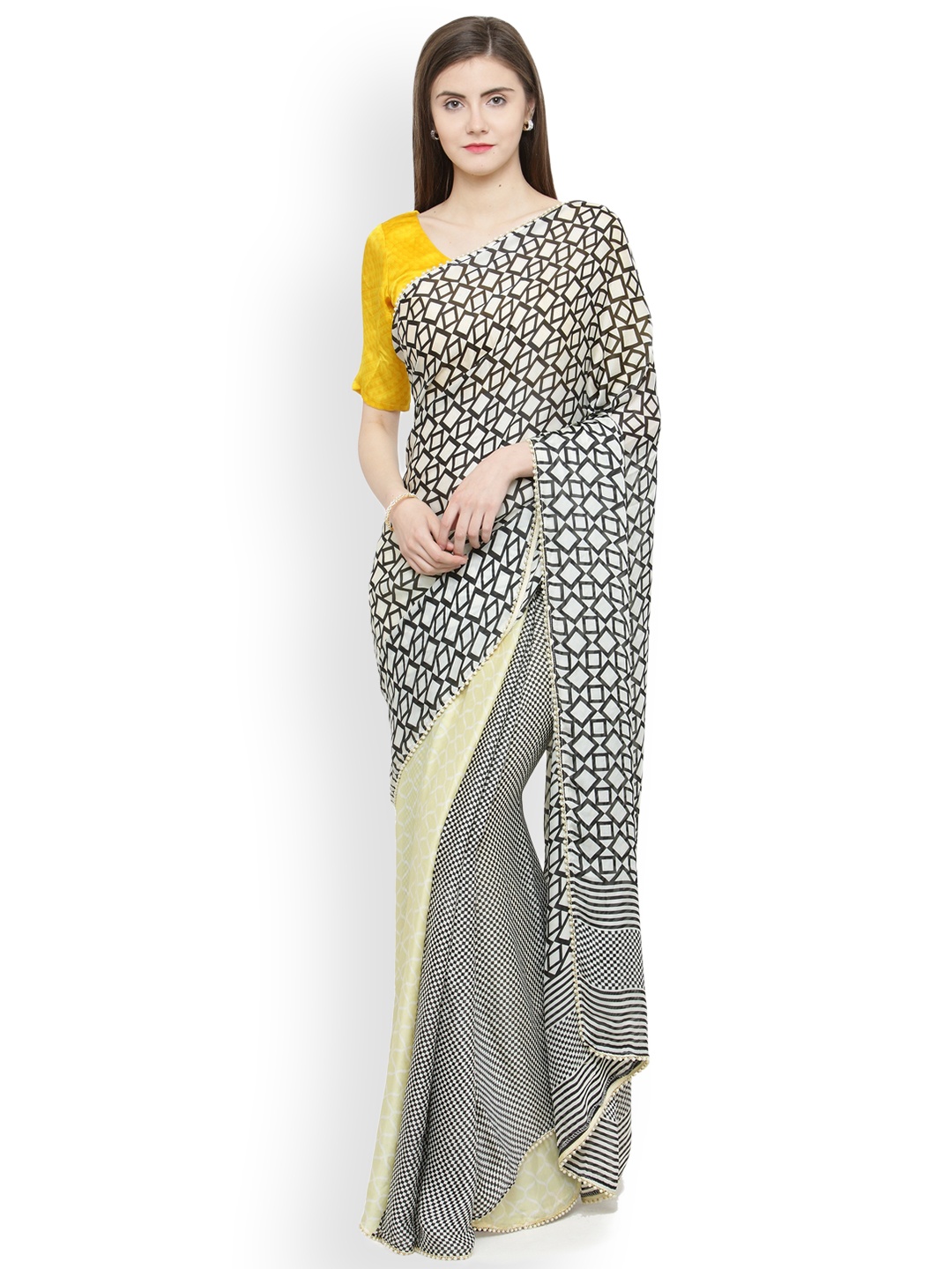 

Shaily Black & White Satin Printed Saree