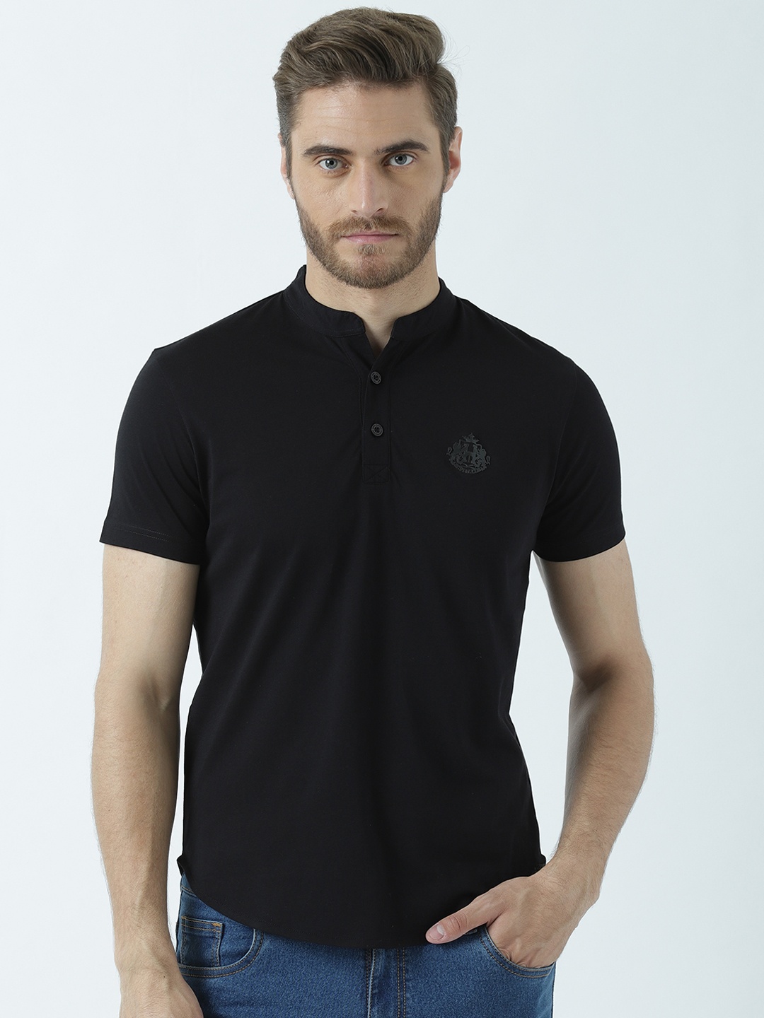 

Huetrap Men Black Solid Mandarin Collar T-shirt