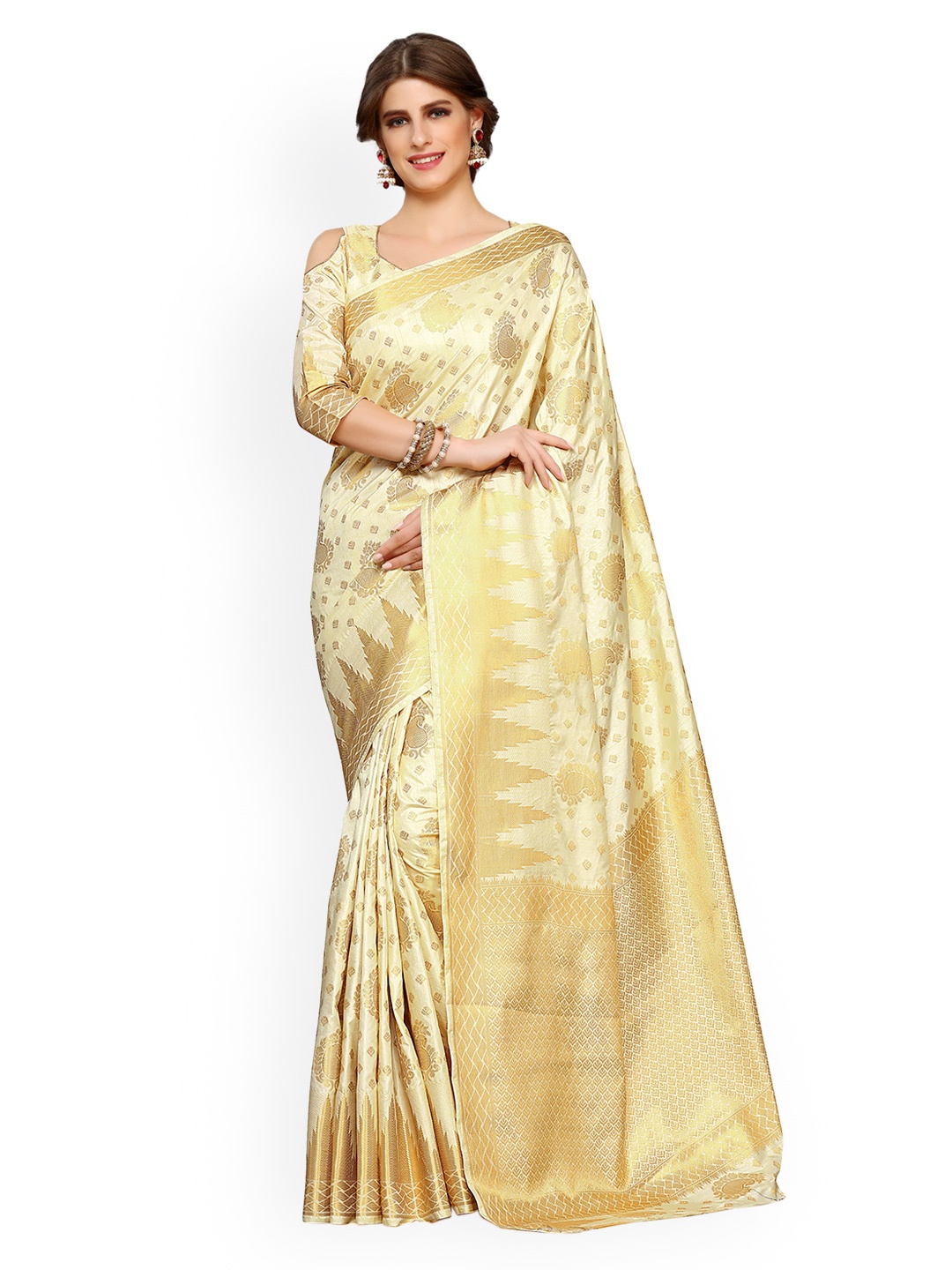 

MIMOSA Off-White & Beige Art Silk Woven Design Kanjeevaram Saree