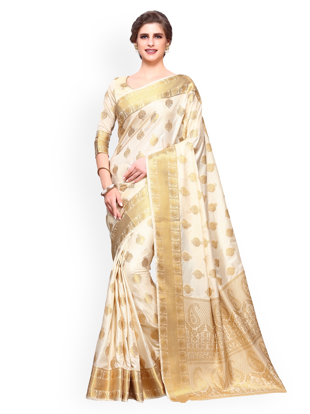 

MIMOSA Off-White Art Silk Woven Design Kanjeevaram Saree