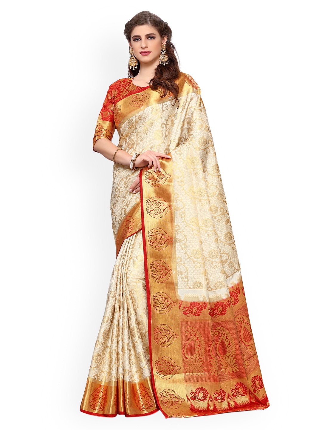 

MIMOSA Beige Art Silk Embellished Kanjeevaram Saree