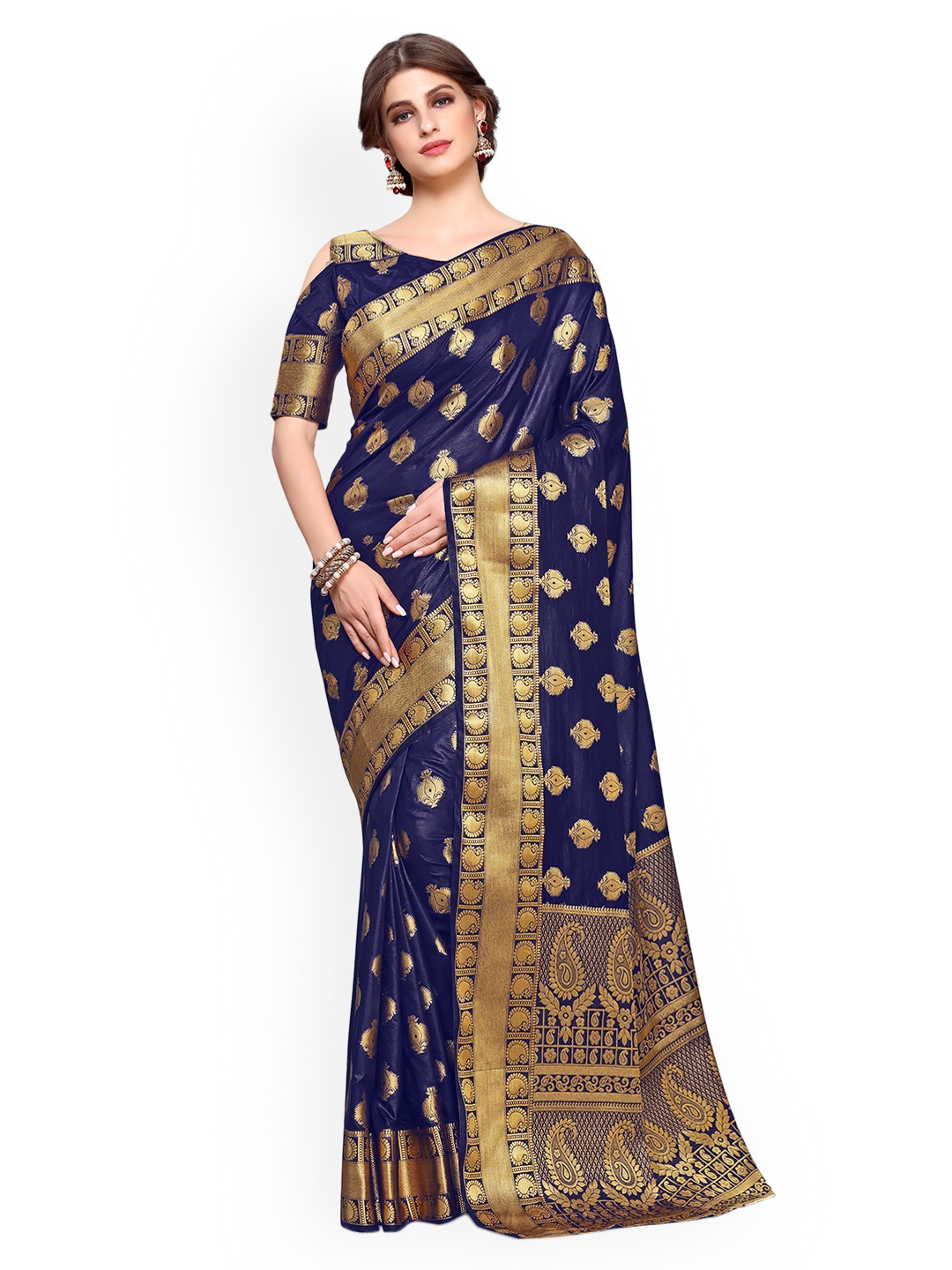 

MIMOSA Navy Art Silk Woven Design Kanjeevaram Saree, Navy blue