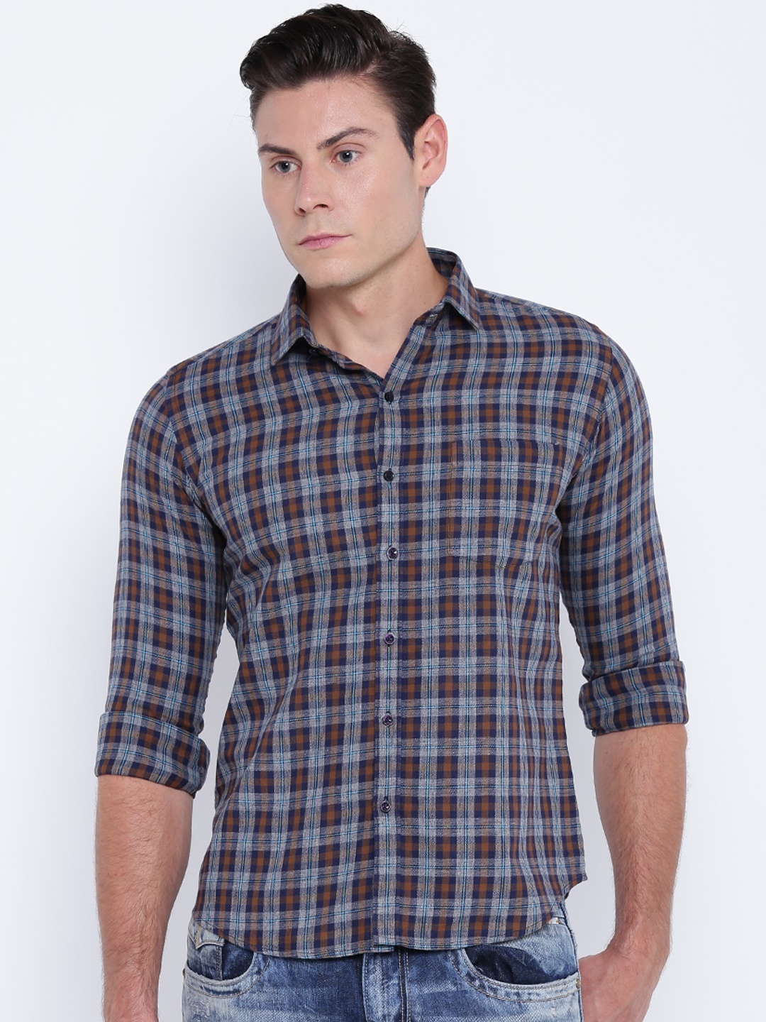 

DENNISON Men Grey & Navy Blue Slim Fit Checked Casual Shirt