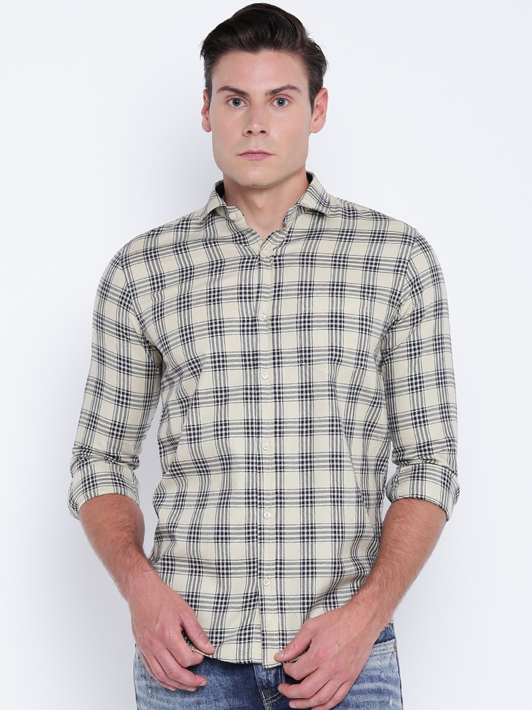 

DENNISON Men Beige & Black Regular Fit Checked Casual Shirt