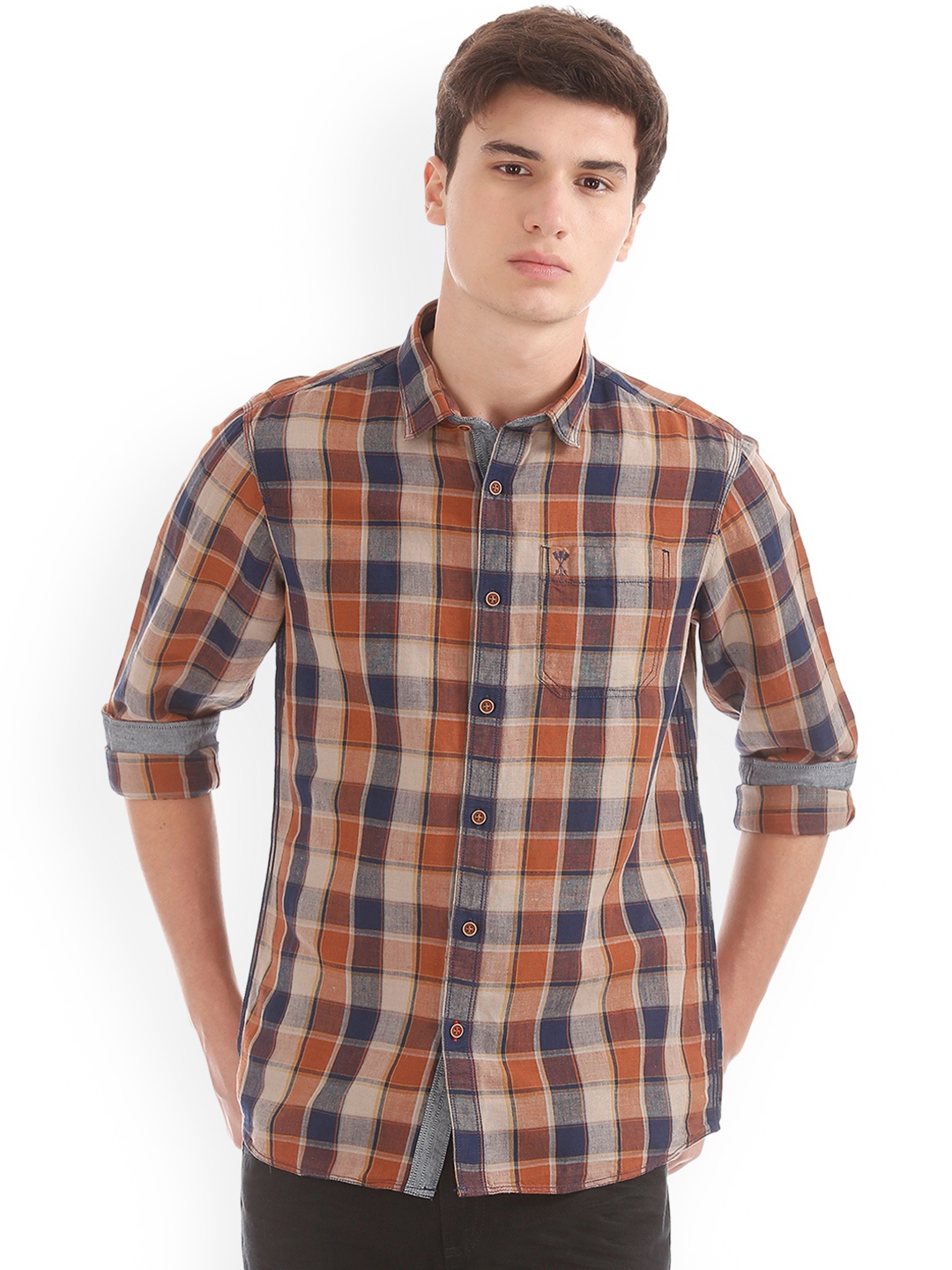 

Arrow Blue Jean Co. Men Brown & Blue Slim Fit Checked Casual Shirt