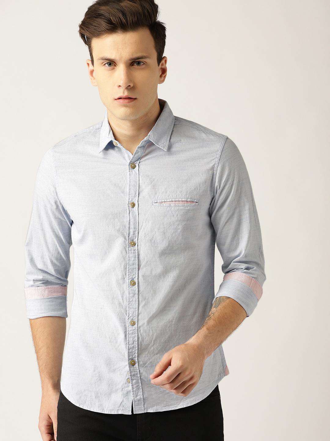 

United Colors of Benetton Men Blue Slim Fit Self Design Casual Shirt