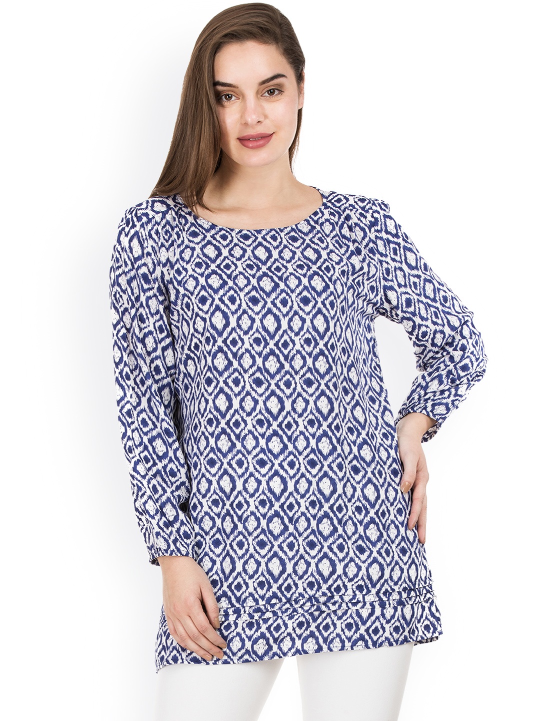 

IDK Women Blue Printed A-Line Longline Top