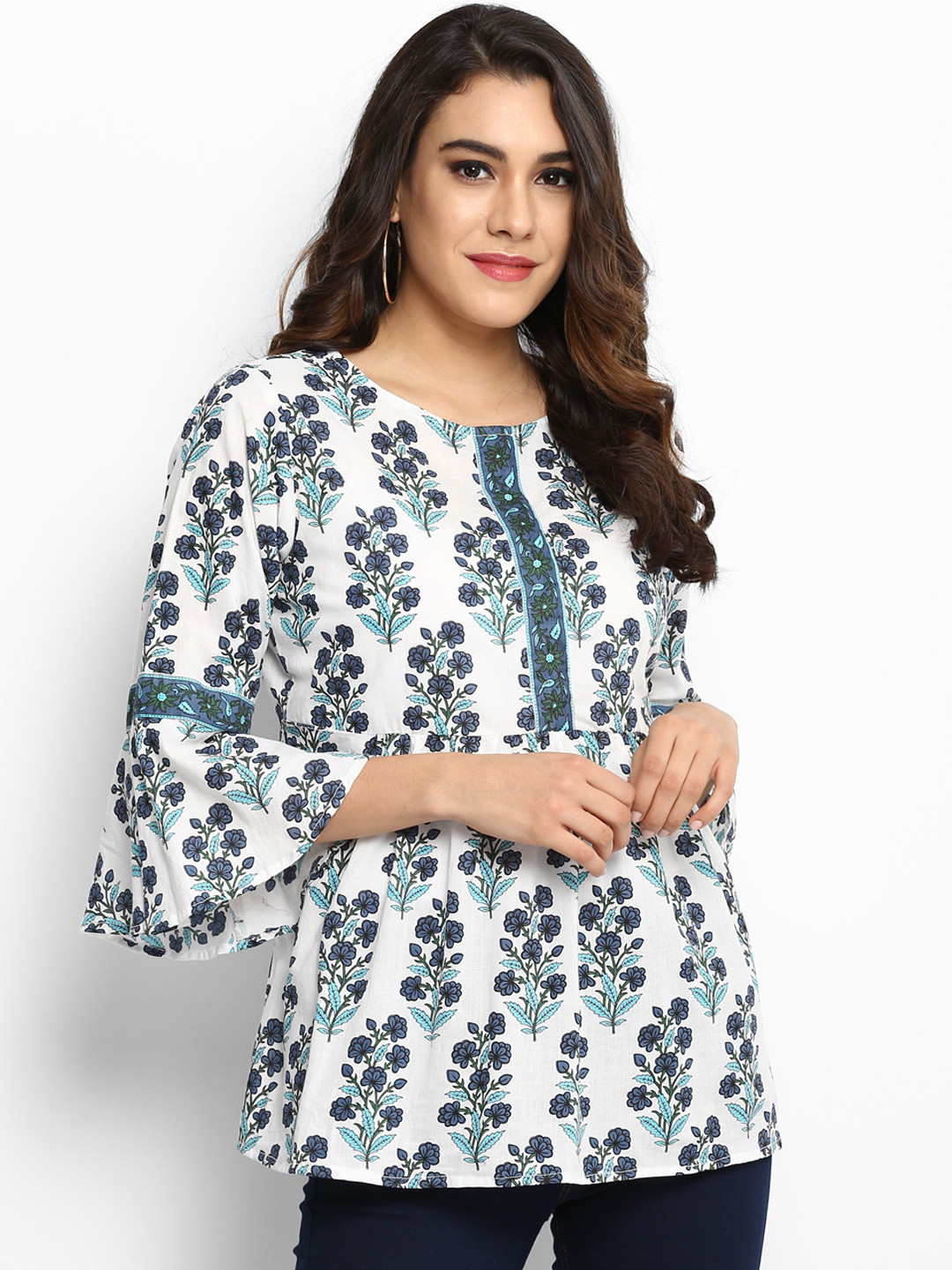 

Bhama Couture Off-White & Blue Printed Pure Cotton Top