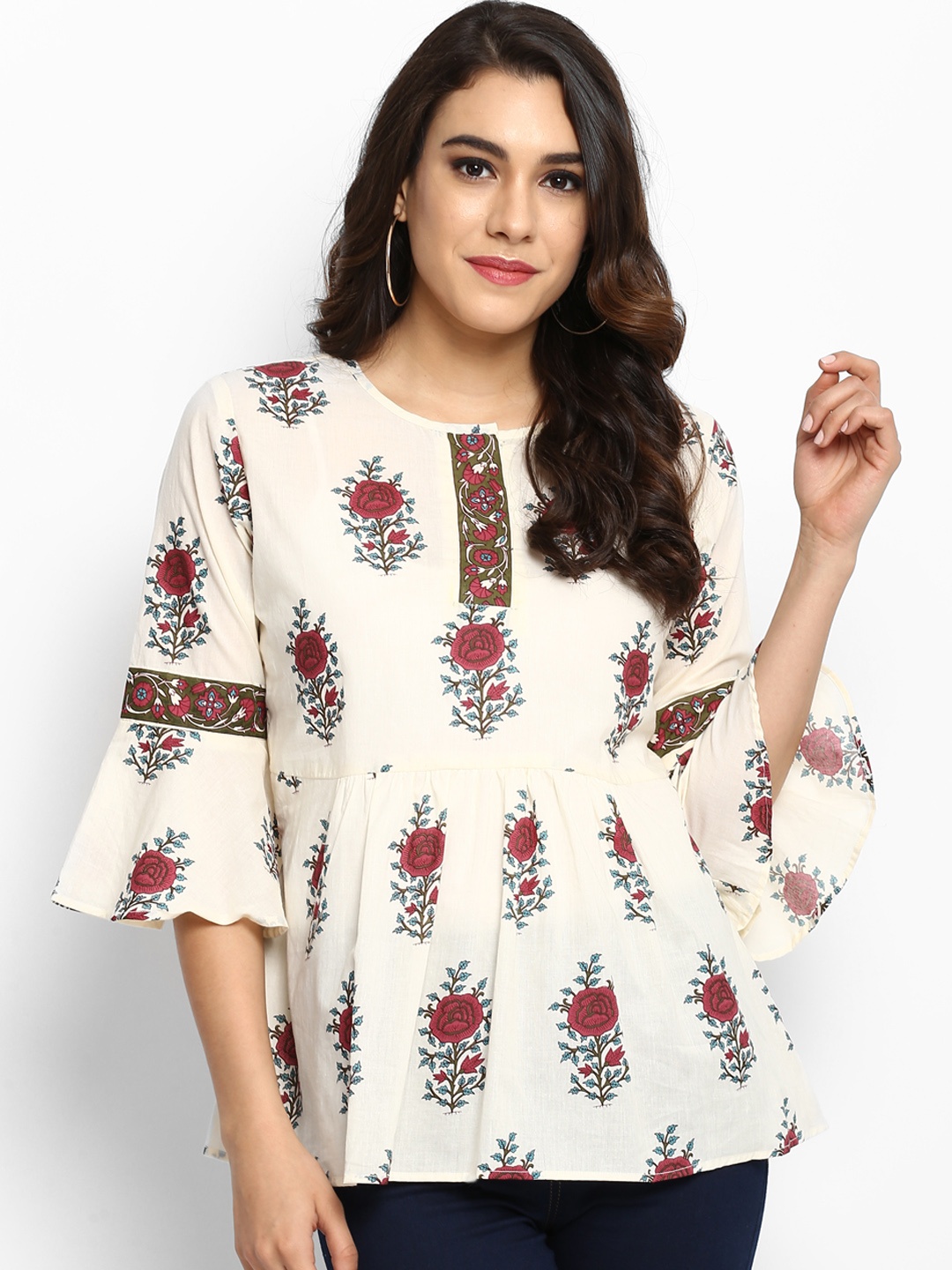 

Bhama Couture Women Off-White Printed A-Line Pure Cotton Top