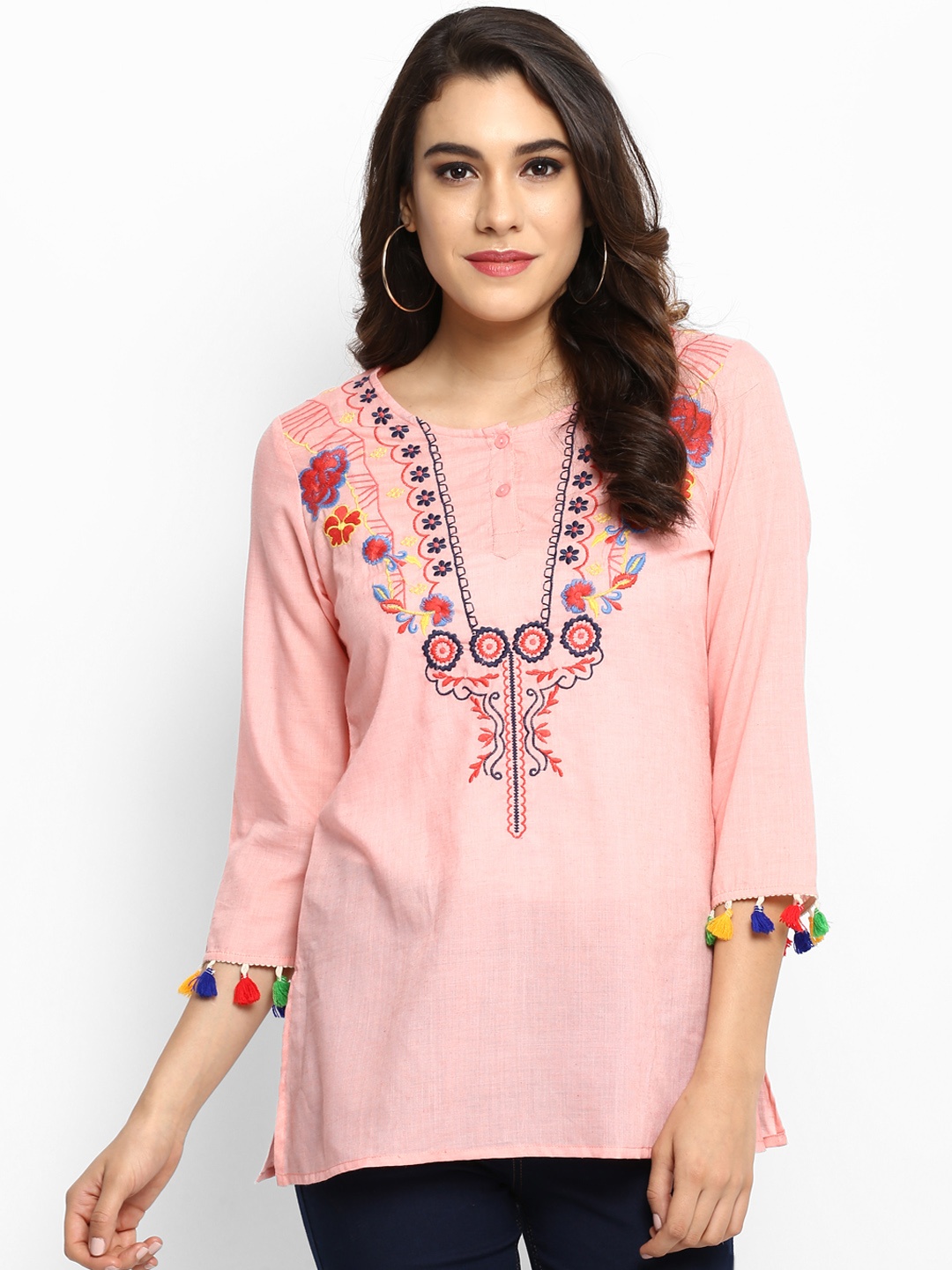 

Bhama Couture Women Peach-Coloured Embroidered Pure Cotton Top