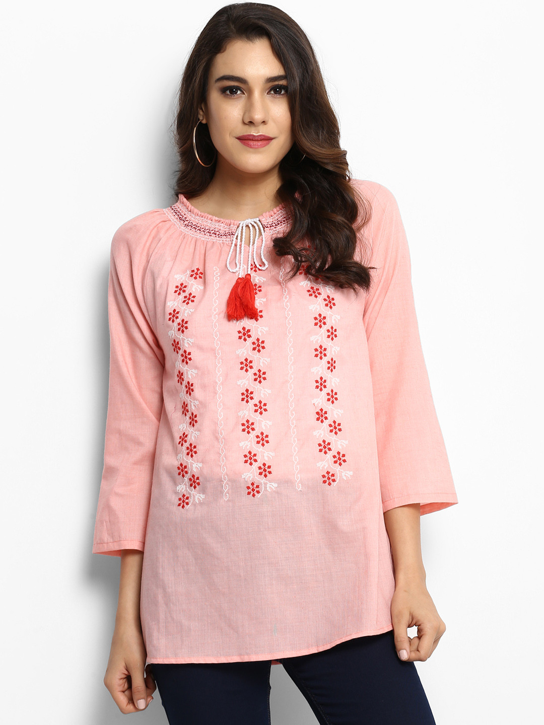 

Bhama Couture Women Peach-Coloured Embroidered A-Line Pure Cotton Top
