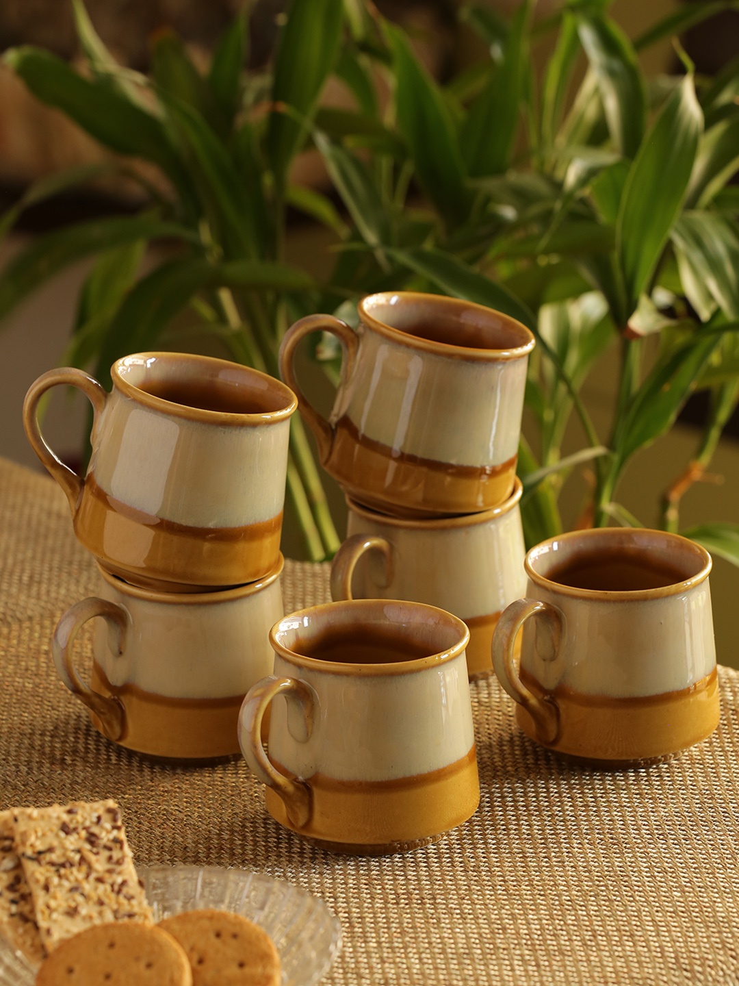 

ExclusiveLane Beige & Mustard Yellow Set Of 6 Dual-Glazed Studio Pottery Tea & Coffee Cups