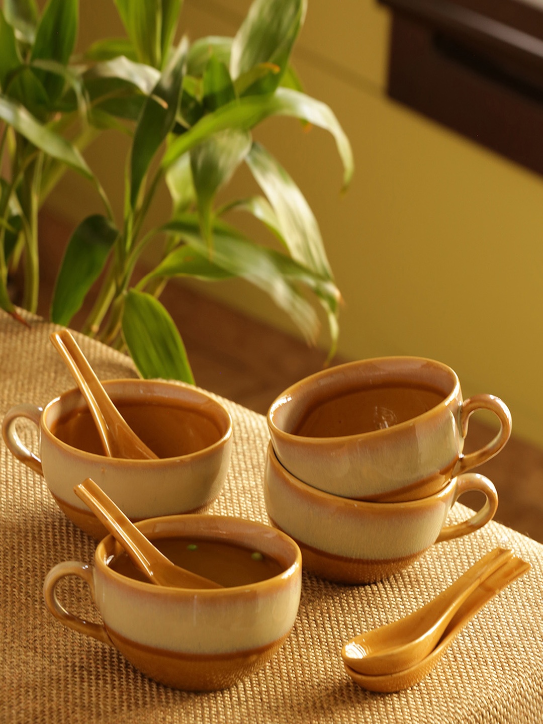 

ExclusiveLane Set of 4 Studio Pottery Ceramic Dual Glazed Soup Bowls With Spoons, Mustard