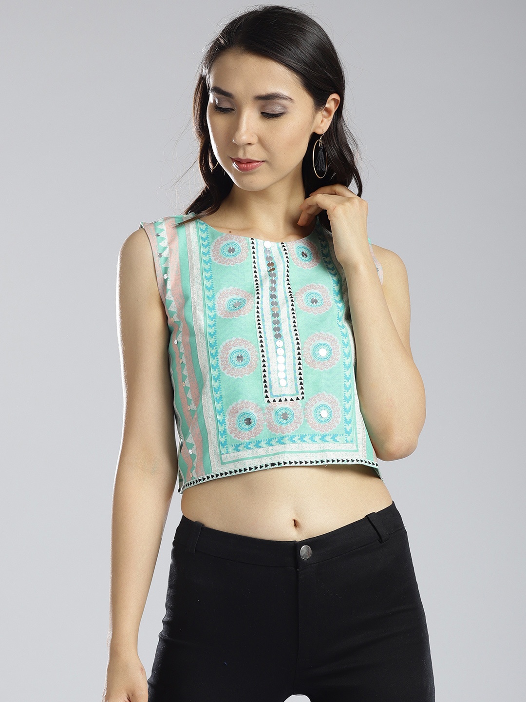 

W Women Sea Green Printed Crop Top