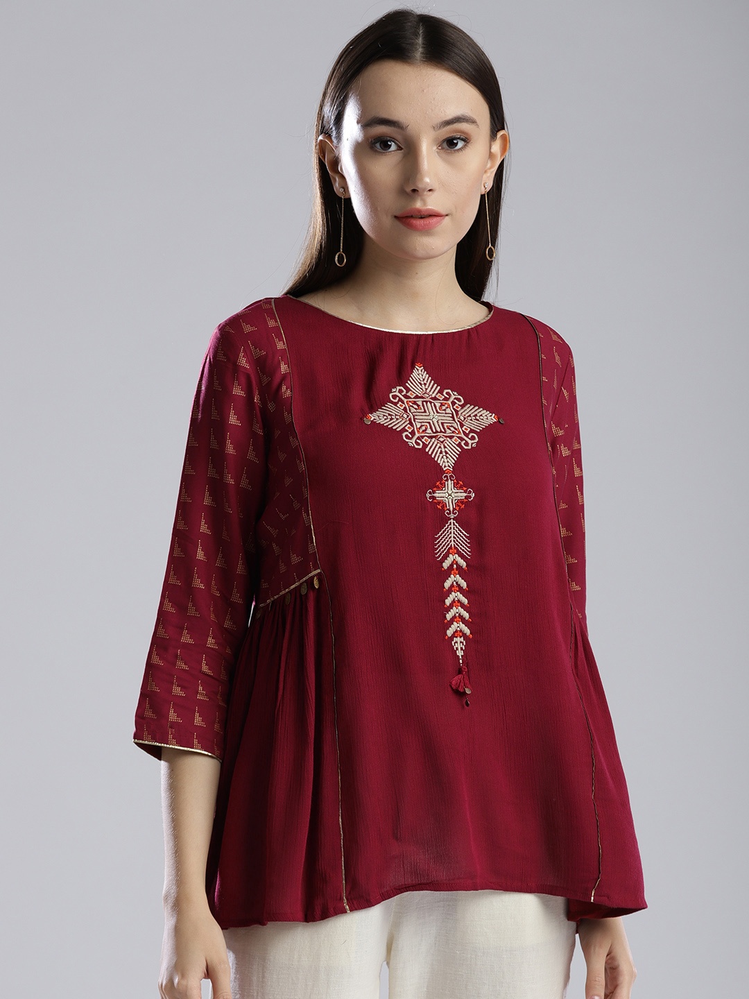 

W Women Maroon Embroidered A-Line Top