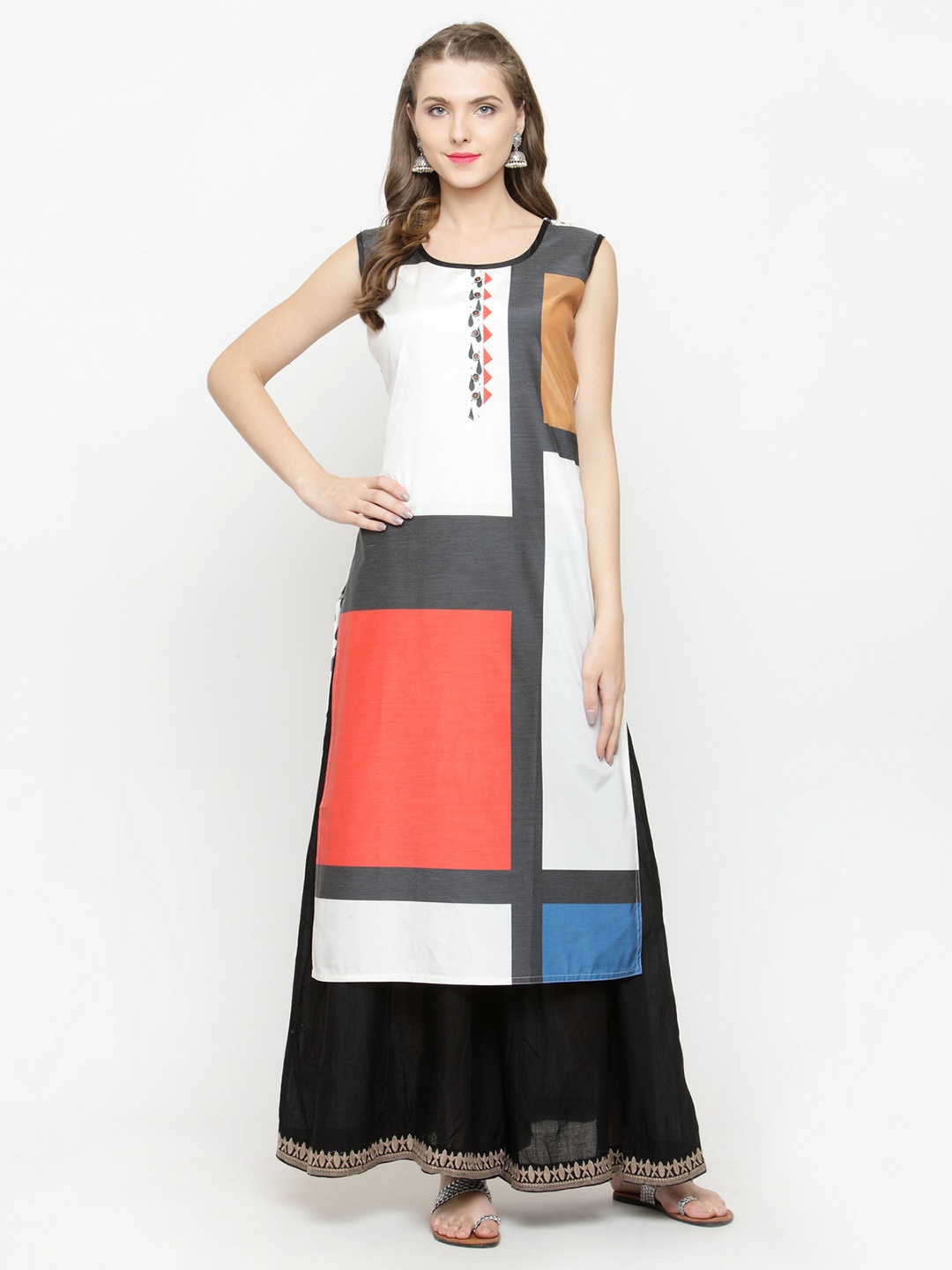 

Moedbuille Women White & Red Colourblocked Straight Kurta