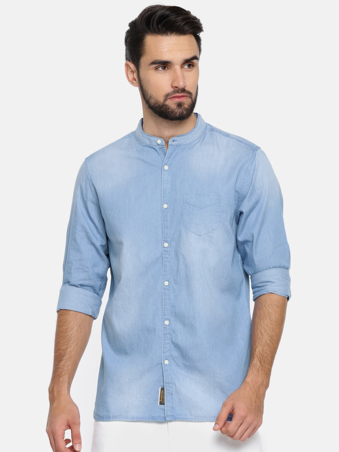 

Being Human Clothing Men Blue Slim Fit Washed Casual Chambray Shirt