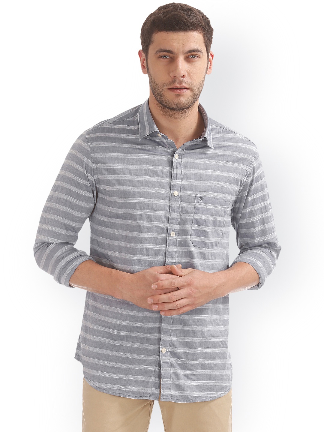 

IZOD Men Grey & Blue Slim Fit Striped Casual Shirt