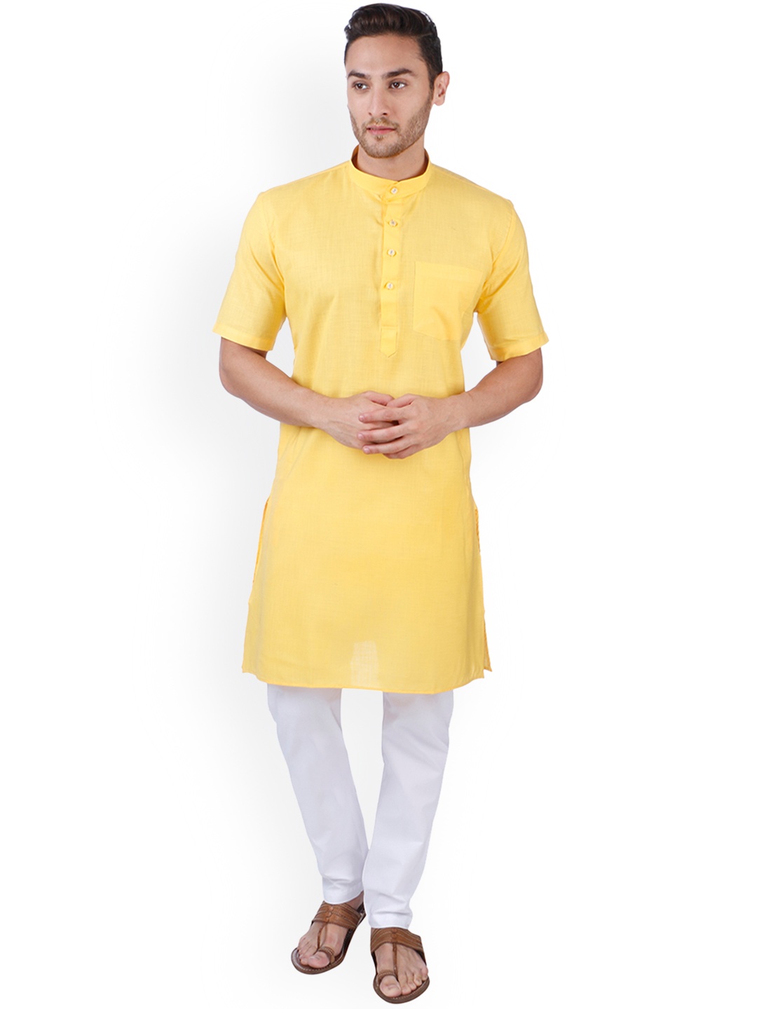 

RAJUBHAI HARGOVINDAS Men Yellow Solid Straight Kurta