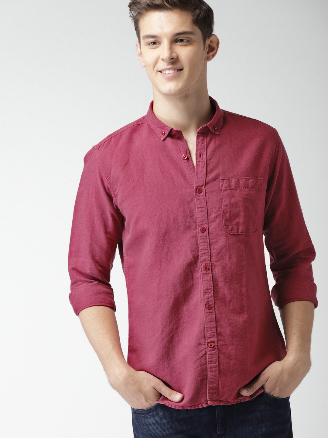 

Mast & Harbour Men Burgundy Slim Fit Solid Casual Linen Cotton Sustainable Shirt