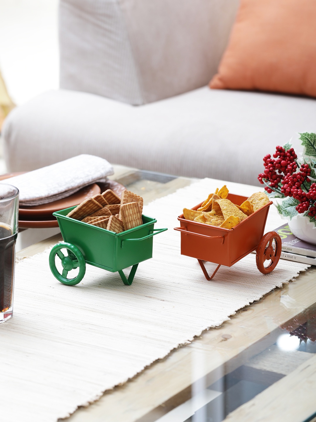 

EK DO DHAI Set Of 2 Green & Orange Namkeen Trolley Server
