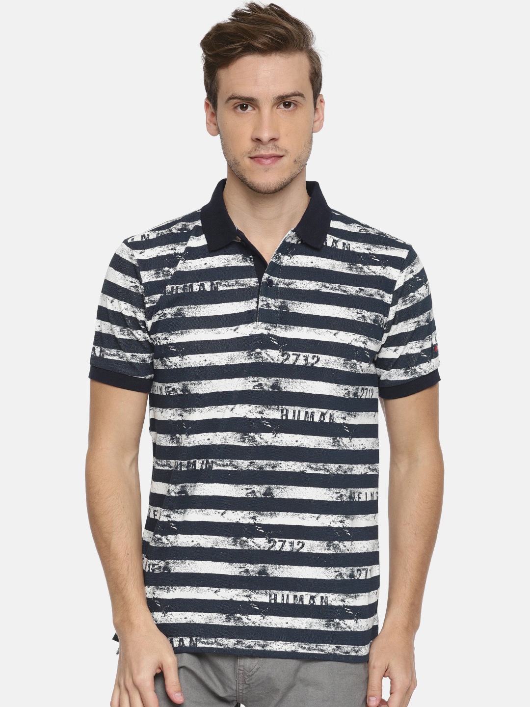 

Being Human Men Navy Blue White Striped Polo Collar Pure Cotton T-shirt