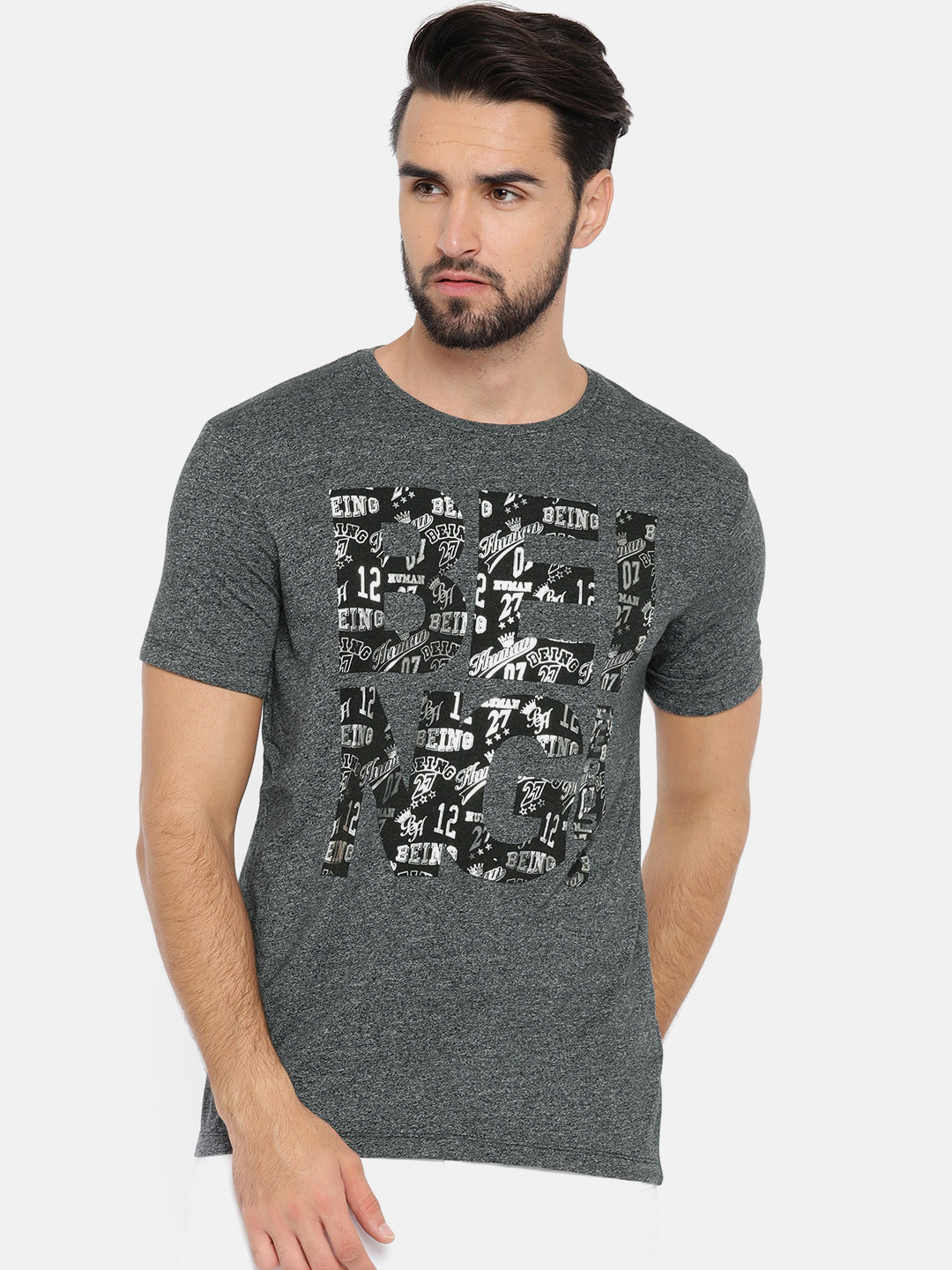 

Being Human Clothing Men Grey Printed Round Neck T-shirt