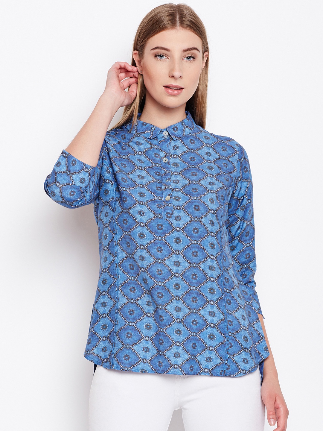 

Monte Carlo Women Blue Printed Shirt Style Top