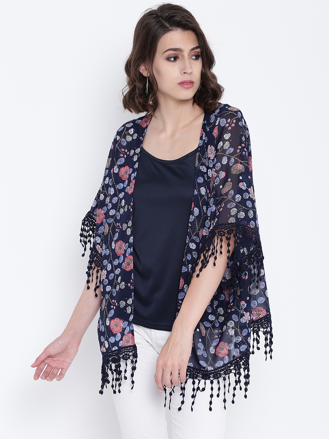 

Monte Carlo Navy Blue & Pink Floral Print Open Front Shrug