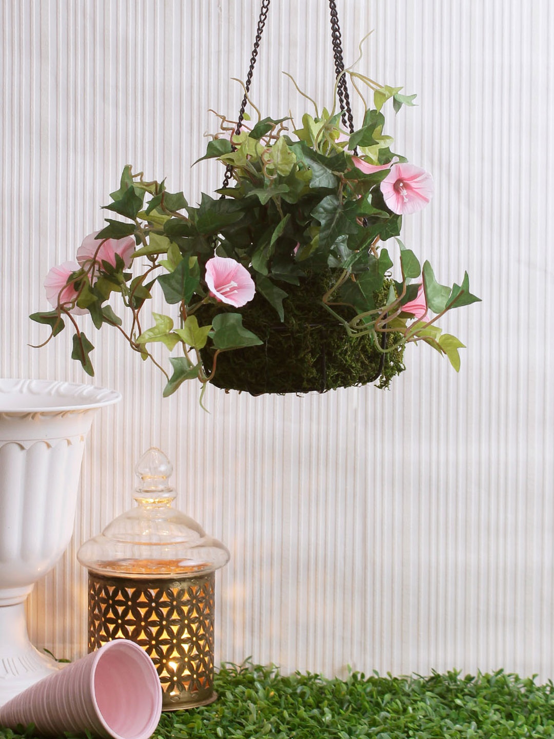 

Fourwalls Pink & Green Artificial Hanging BMorning Glory Flower Plants with Basket