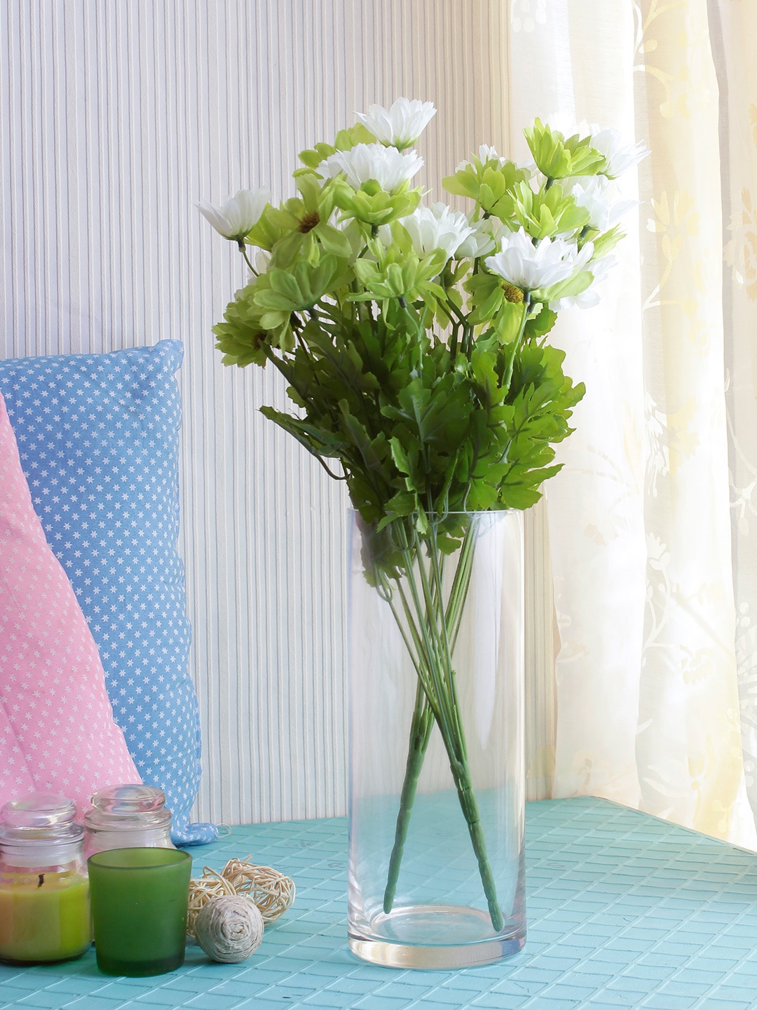 

Fourwalls Set Of 2 White Green Artificial Daisy Flower Bunches Without Pot