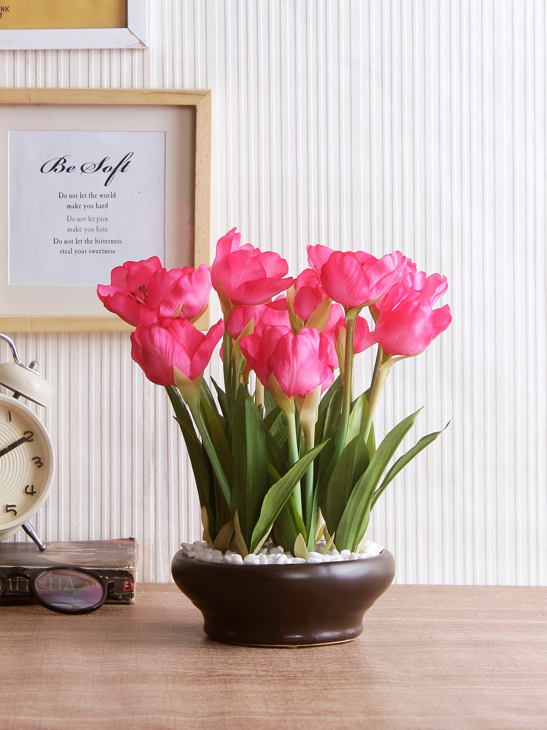 

Fourwalls Pink & Green Artificial Tulip Flowers Plant in a Ceramic Pot