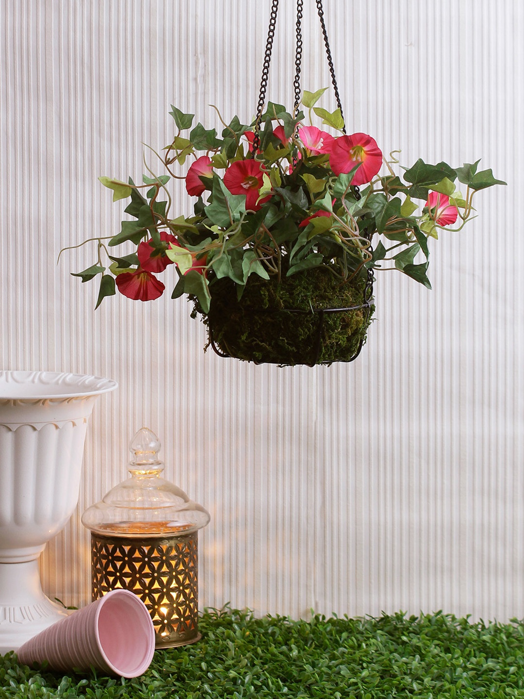 

Fourwalls Pink & Green Artificial Hanging BMorning Glory Flower Plants with Basket