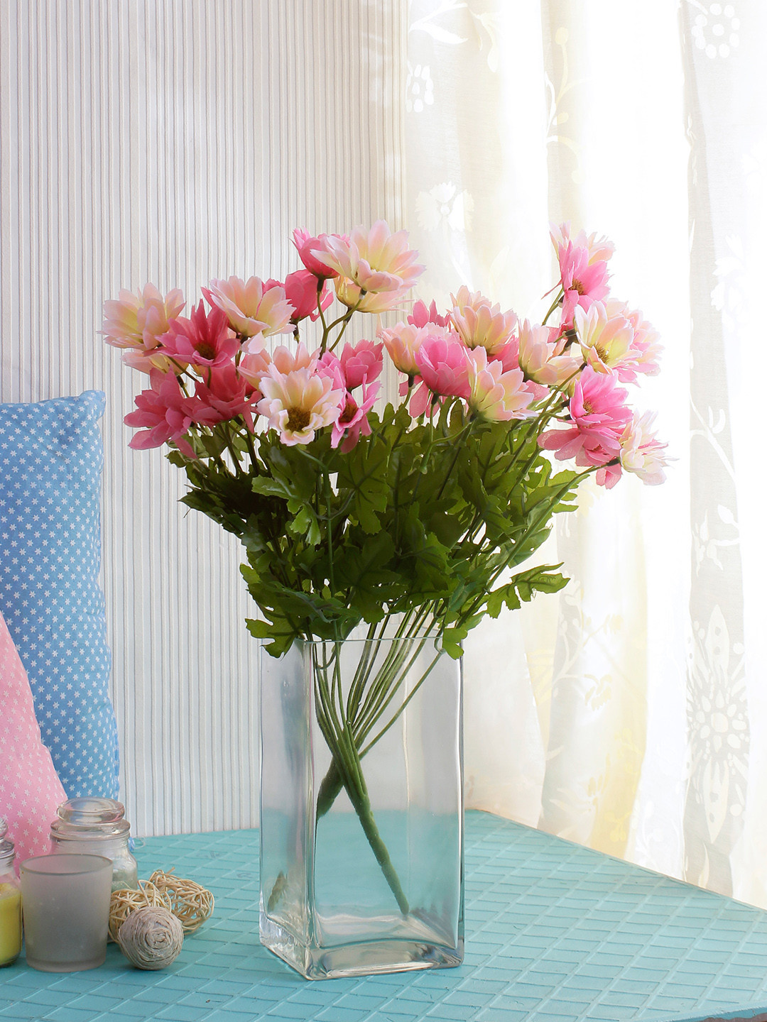 

Fourwalls Set Of 2 Pink Green Artificial Daisy Flower Bunches Without Pot
