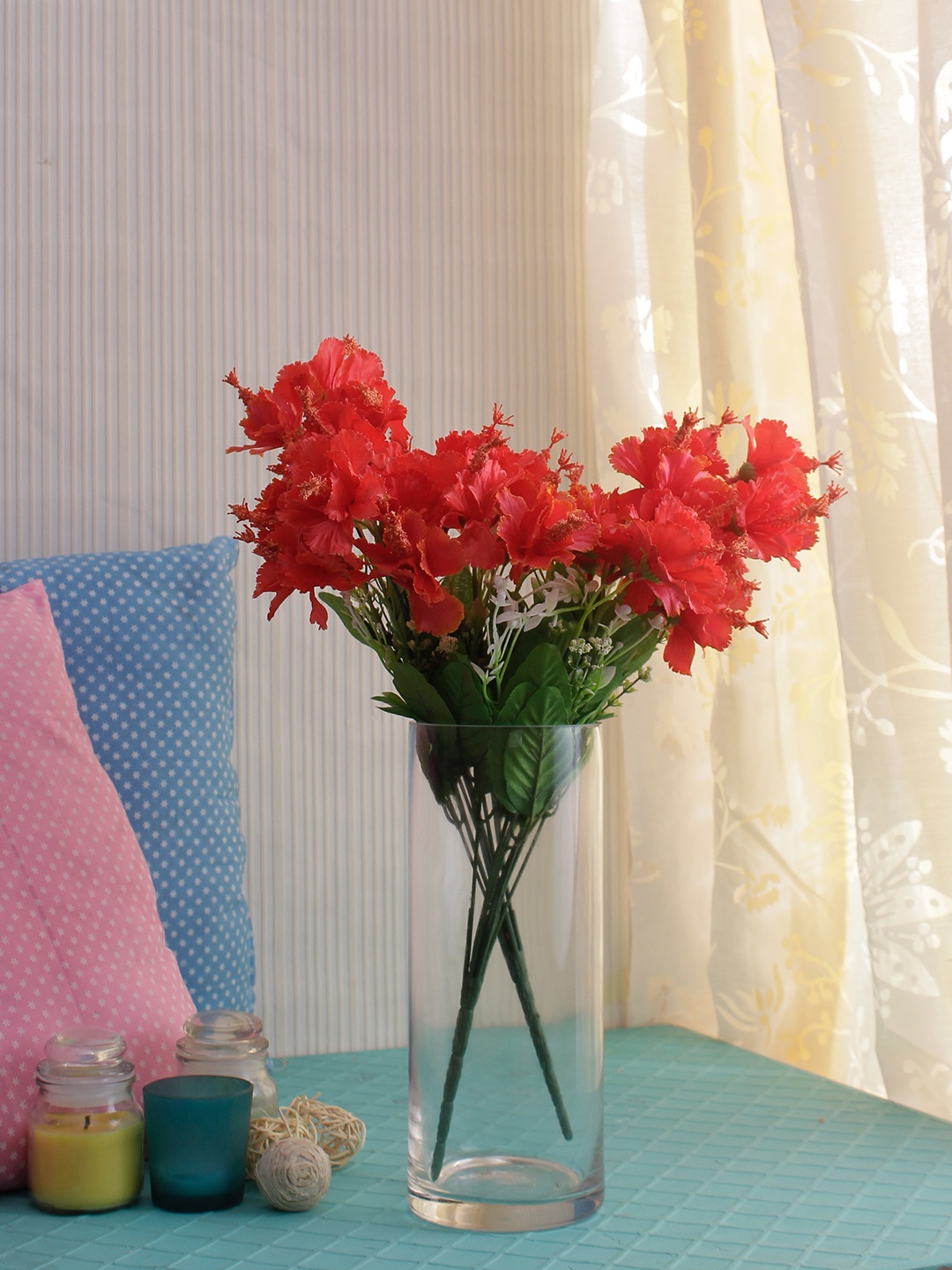 

Fourwalls Set Of 2 Red & Green Artificial Hibiscus Flower Bunches without pot