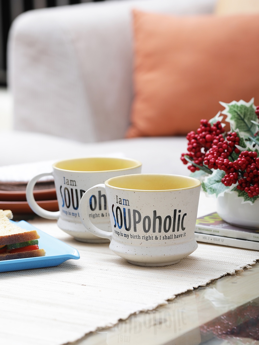 

EK DO DHAI Soupoholic Cream-Coloured Set Of 2 Printed Ceramic Cups Set