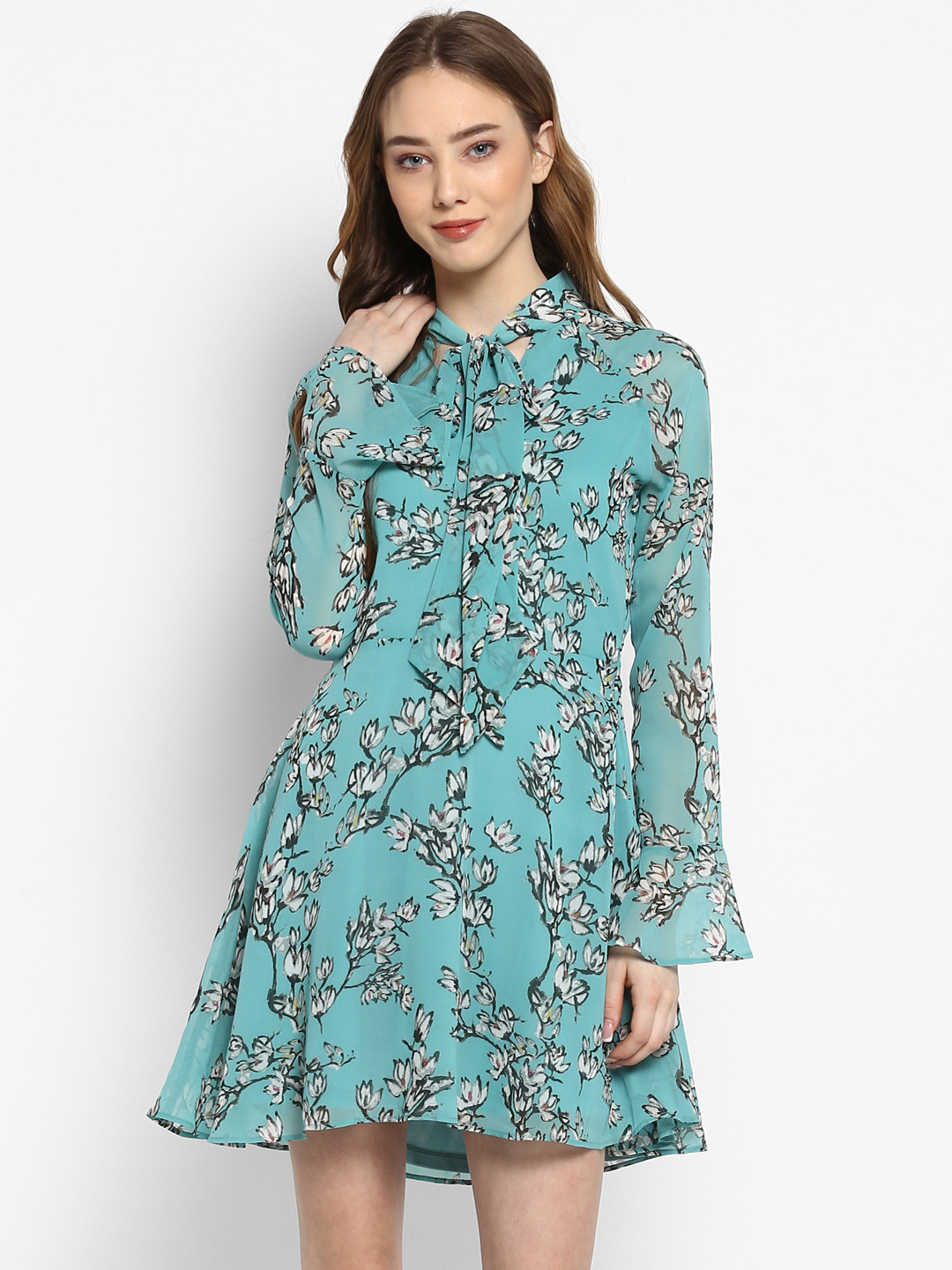

Kazo Women Sea Green Printed Fit and Flare Dress