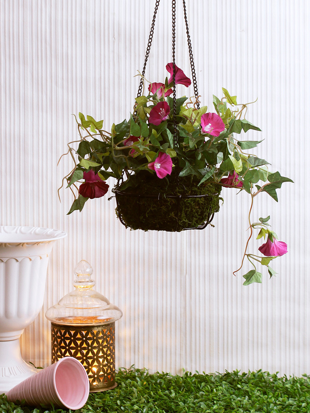 

Fourwalls Purple & Green Artificial Hanging Morning Glory Flower Plants with Basket, Pink