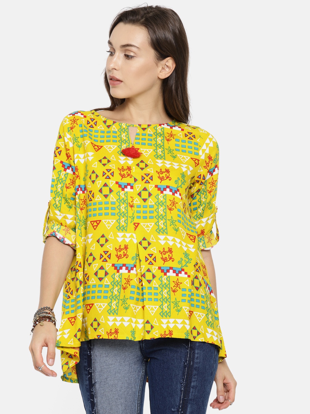 

Global Desi Women Yellow Printed High-Low Hem Top