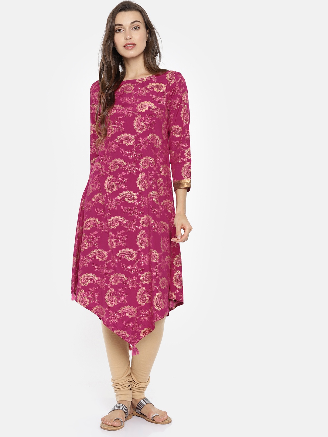 

Global Desi Women Pink & Golden Ethnic Printed Asymmetrical Hem A-Line Kurta