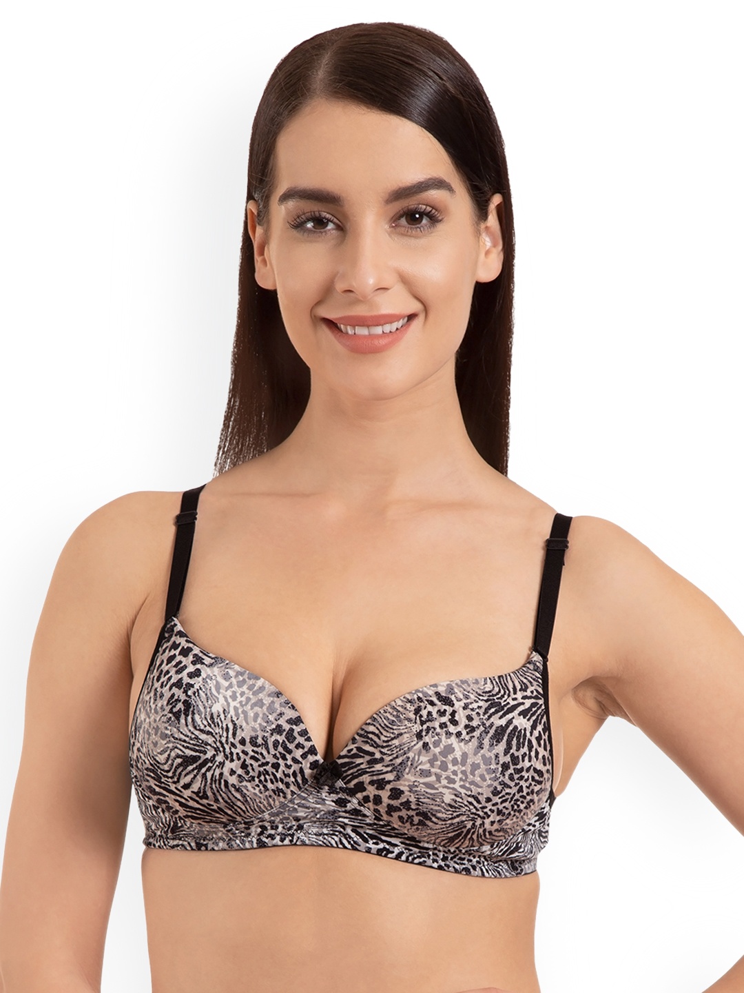 

Tweens Grey & Black Printed Non-Wired Heavily Padded Balconette Bra