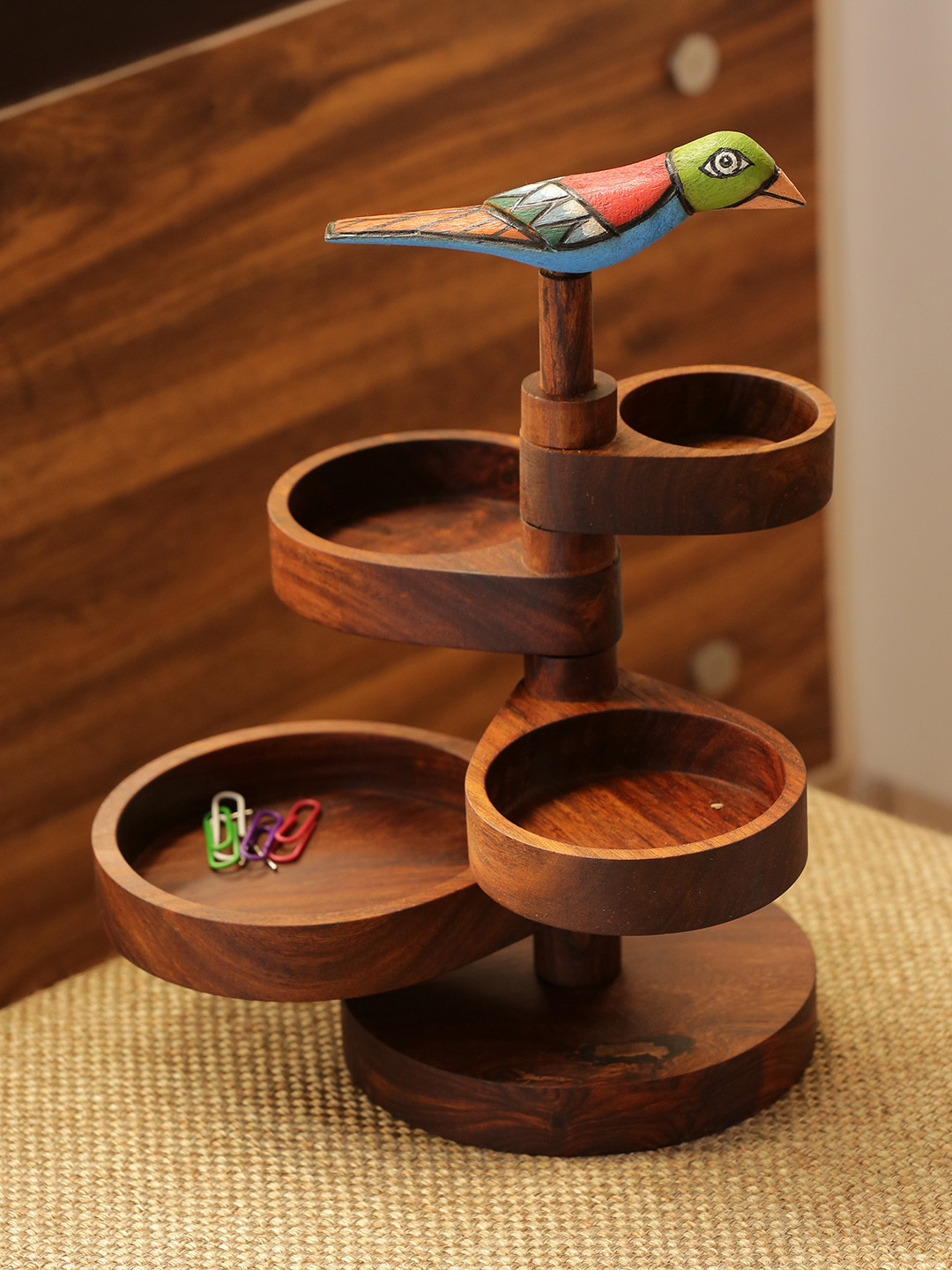 

ExclusiveLane Brown Bird Multi-Utility Sheesham Wooden Jewellery Organisers Tray