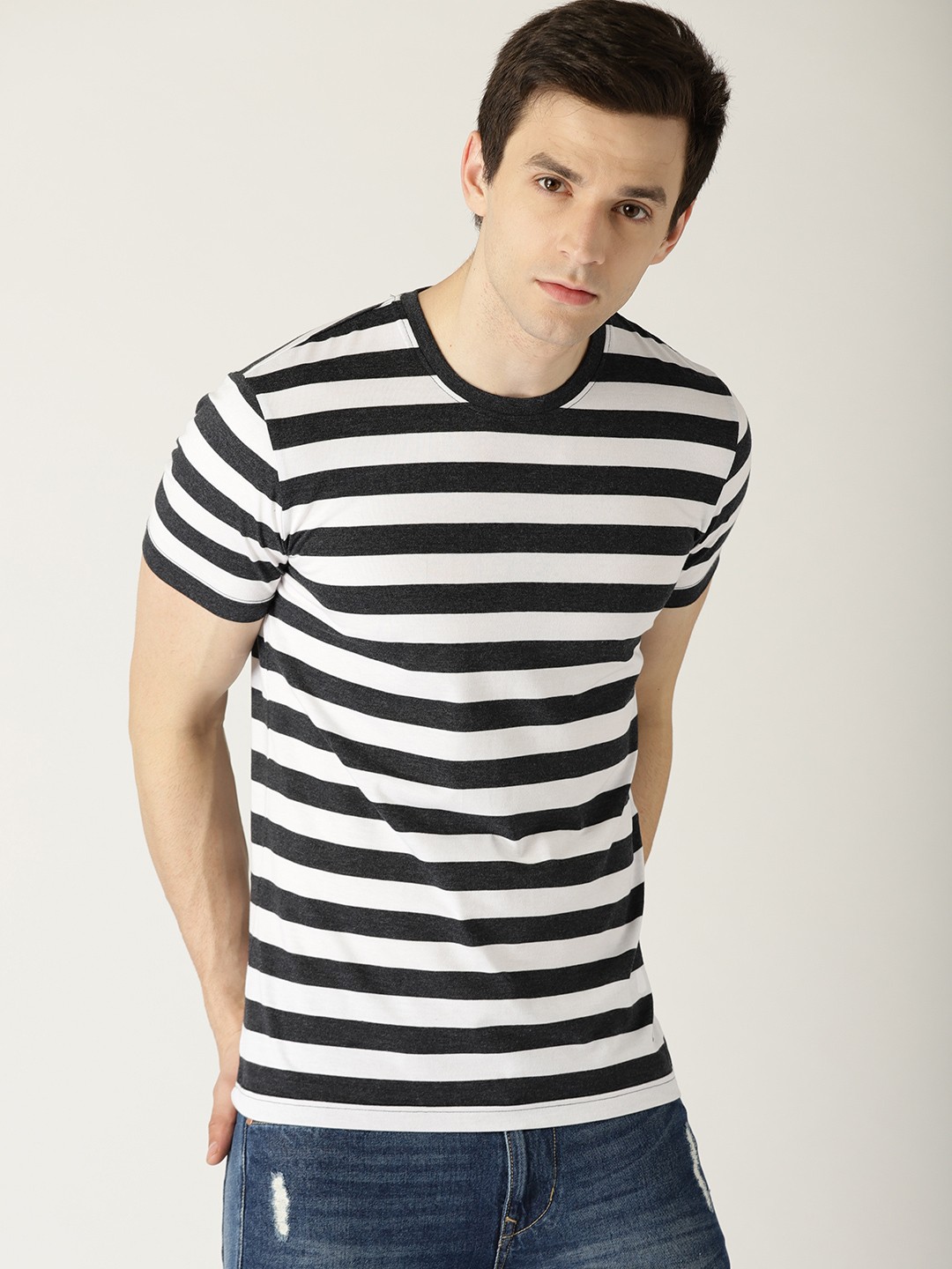 

United Colors of Benetton Men Charcoal Grey & White Striped Round Neck T-shirt