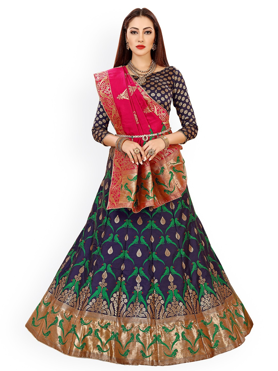 

Chhabra 555 Navy Blue & Red Embellished Semi-Stitched Lehenga & Unstitched Blouse with Dupatta
