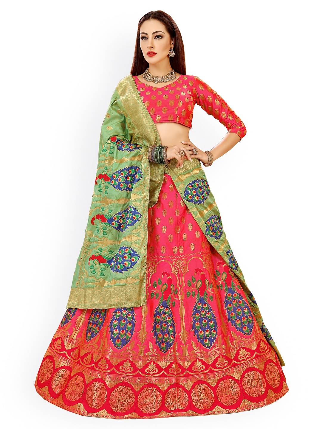 

Chhabra 555 Pink & Green Embellished Semi-Stitched Lehenga & Unstitched Blouse with Dupatta