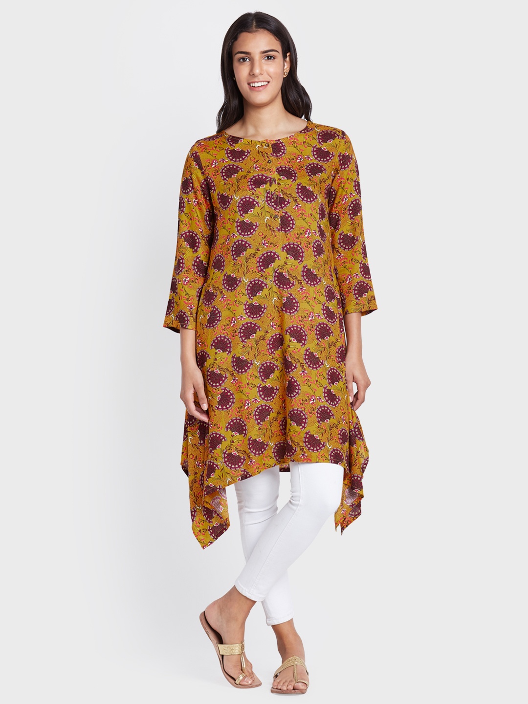 

Global Desi Women Mustard Yellow Printed Asymmetric A-Line Kurta