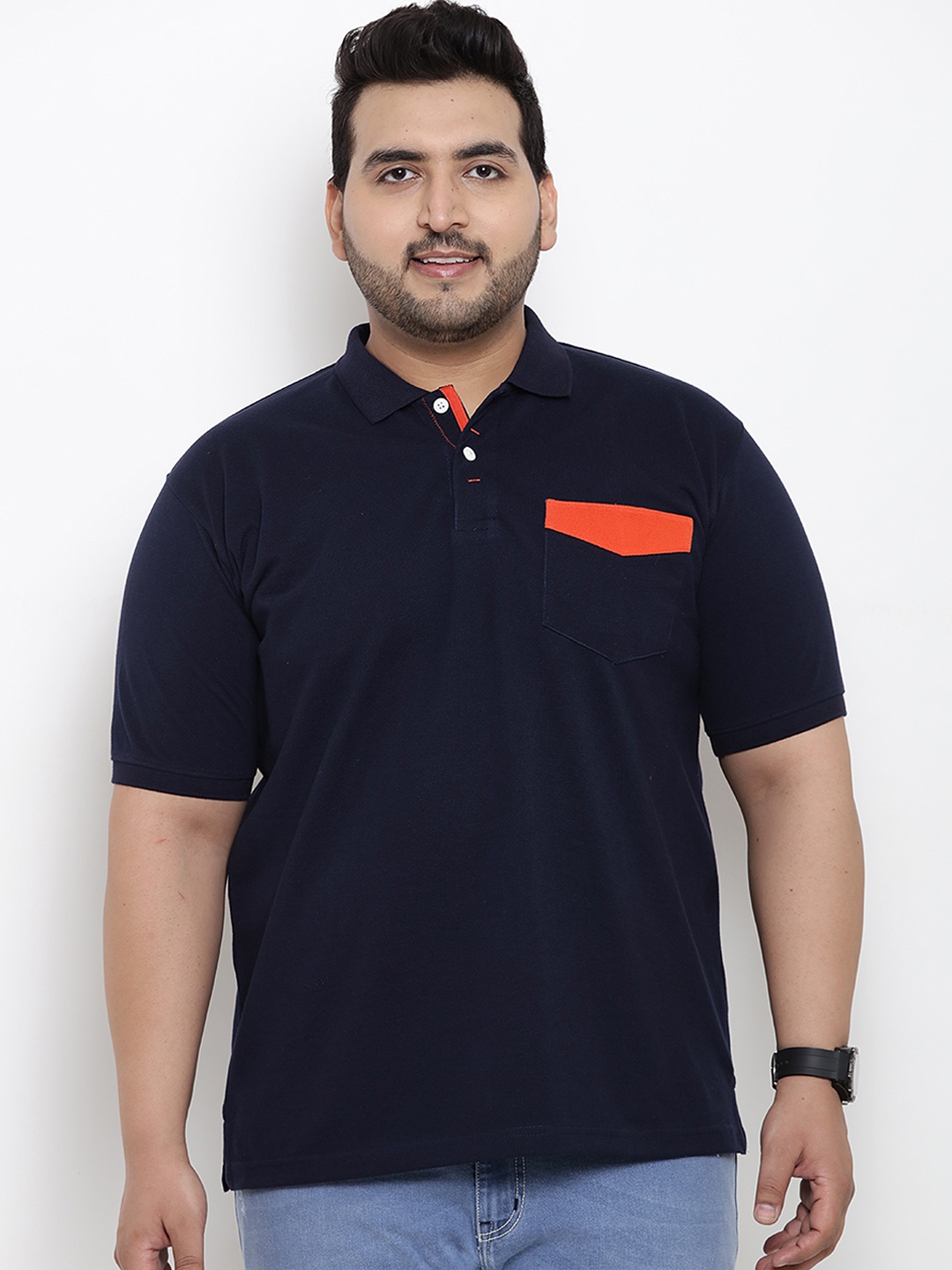 

John Pride Plus Size Men Navy Blue Solid Polo Collar Pure Cotton T-shirt
