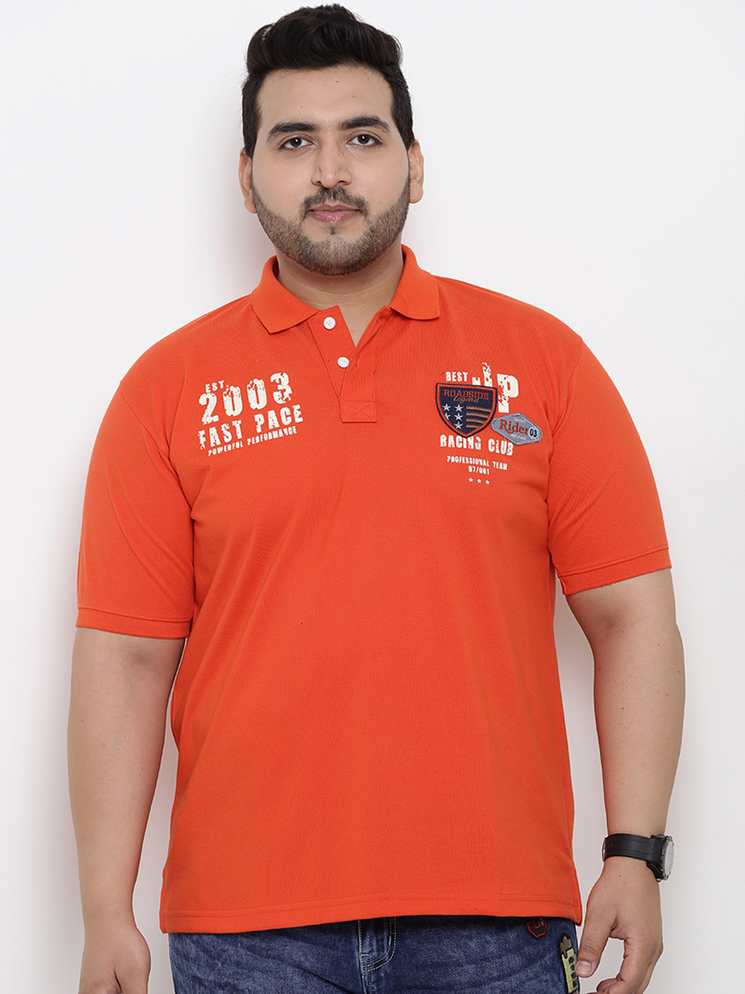 

John Pride Plus Size Men Orange Printed Polo Collar Pure Cotton T-shirt