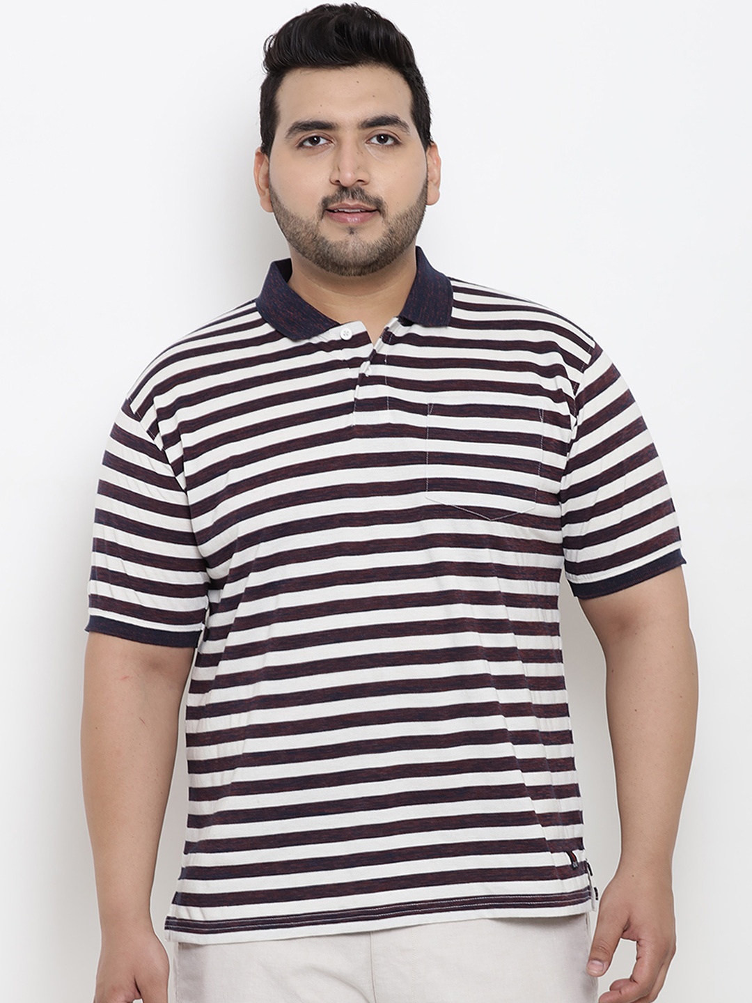 

John Pride Plus Size Men Cream-Coloured Striped Polo Collar T-shirt