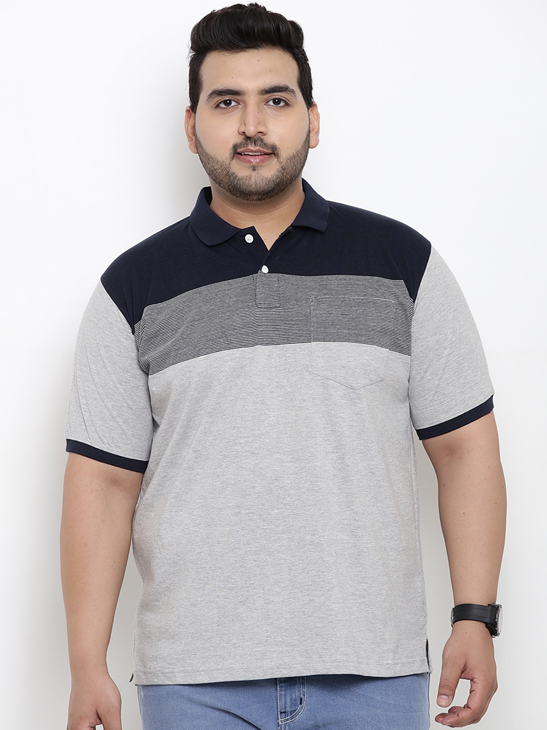 

John Pride Plus Size Men Grey Colourblocked Polo Collar T-shirt